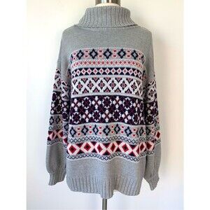 NWT Crown & Ivy Nordic Fair Isle Turtleneck Sweater Large Gray Ski Cozy Winter